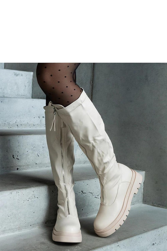 Sophisticated Solea flat heel thigh-high boots in beige eco-leather, detailed with a stylish zipper for a chic look.