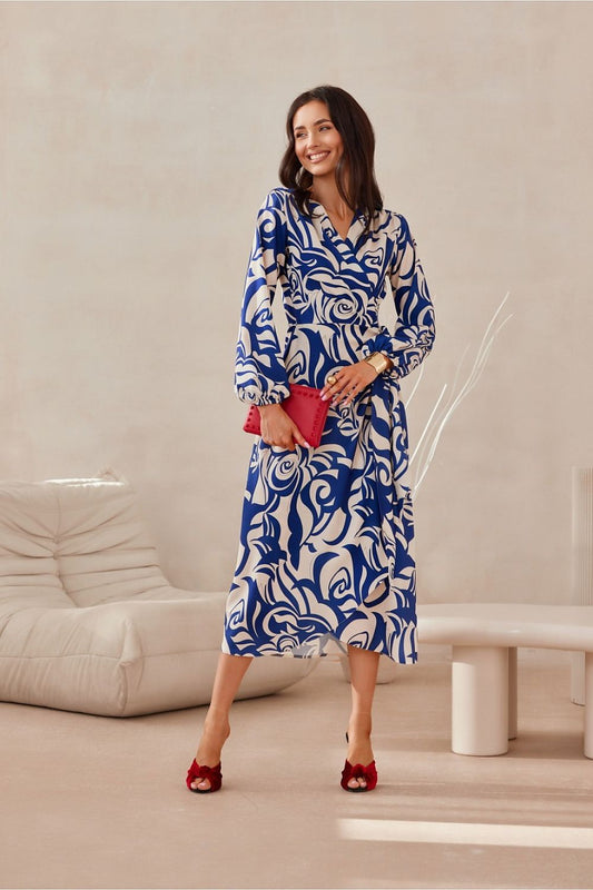 Detailed view of Roco Fashion midi dress with stylish double tie at the waist, crafted from premium polyester and spandex for a luxurious fit.