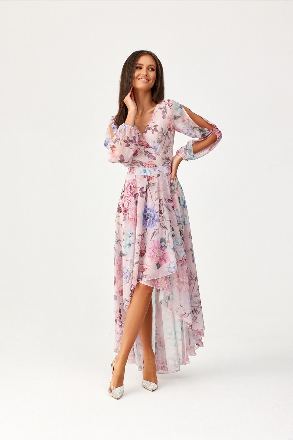 Elegant Roco Fashion Asymmetric Maxi Dress featuring a luxurious draped neckline and voluminous puffy sleeves, perfect for sizes EU 34-46.