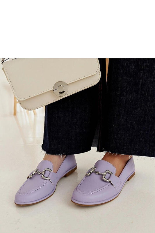 Close-up of Solea slip-on purple moccasins with zircon embellishments, highlighting the flexible rubber material and intricate zigzag pattern, ideal for comfort and style.