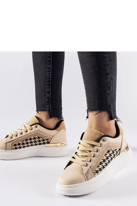 Close-up of Solea Briercliff Elegant Beige Glitter Sneakers highlighting high-quality eco-leather and chic glitter accents, perfect for adding elegance to any outfit.