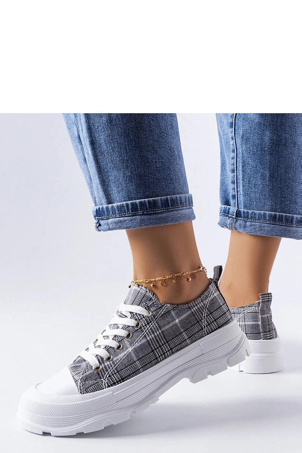 Stylish grey plaid women's sneakers by Solea, designed with a fashionable lace-up closure and a chic white rubber sole.
