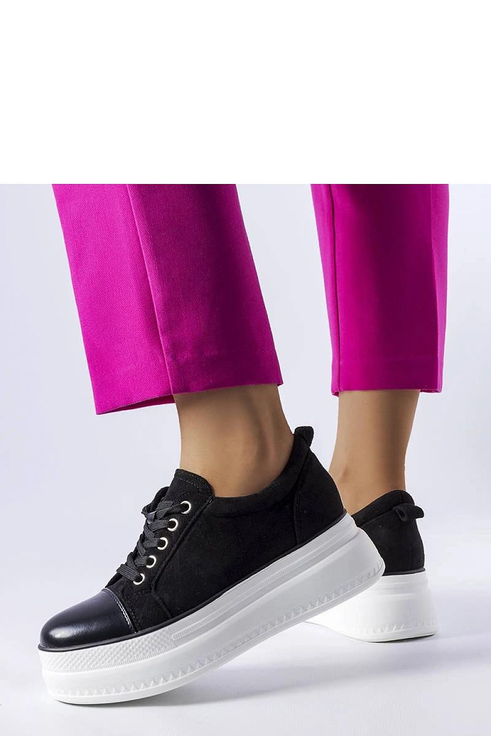 Luxurious Pascaline Black Platform Sneakers for Women by Solea, crafted from eco-friendly suede, featuring an ankle-high design with a chic patent toe and contrasting white thick sole, perfect for a stylish streetwear look.