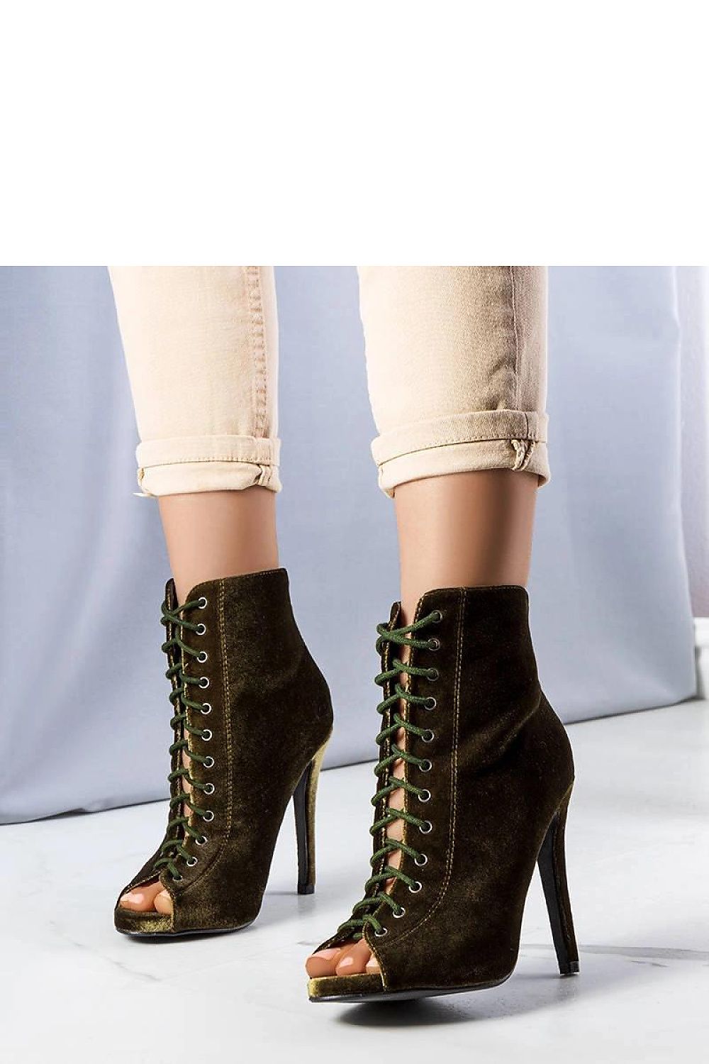 Amora high heel ankle boots by Solea displayed in various sizes EU 36-40, showcasing their sophisticated open toe and luxurious velvet finish.