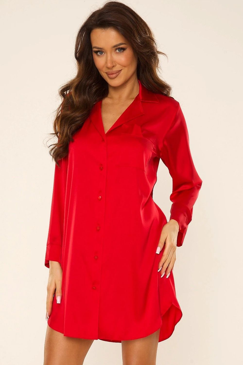 Chic and practical satin nightgown by De Lafense with a pocket and button closure details, embodying comfort and elegance for stylish sleeping.