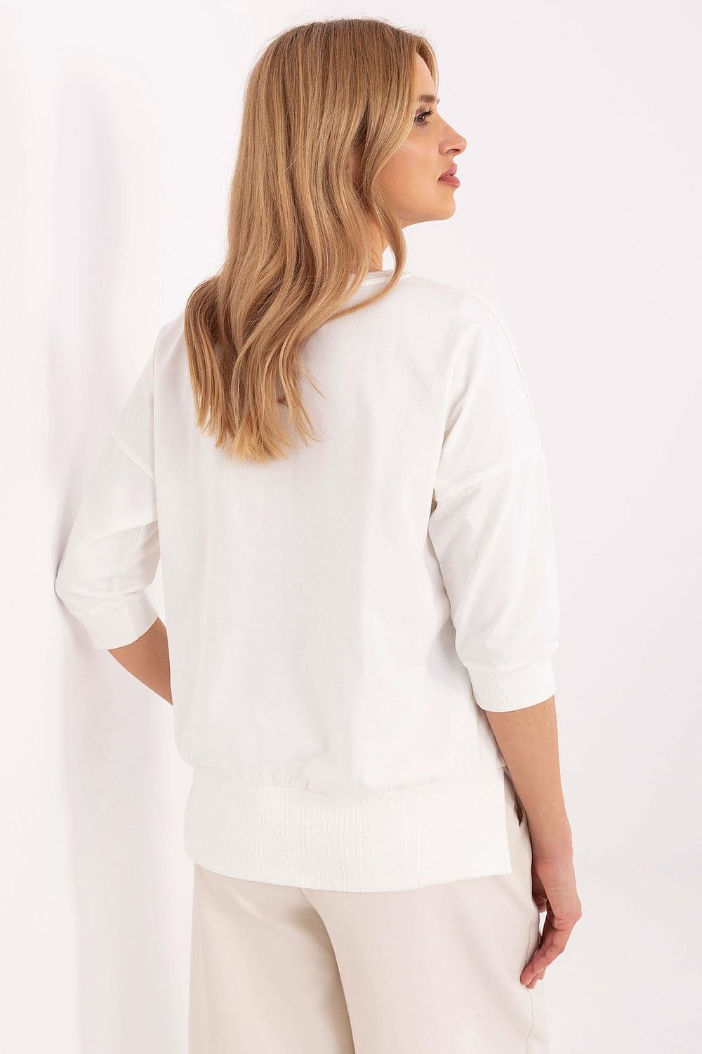 Elegant 3/4 sleeve casual blouse by Relevance, made from a premium cotton blend featuring delicate embroidery and pearls, ideal for sophisticated everyday wear.