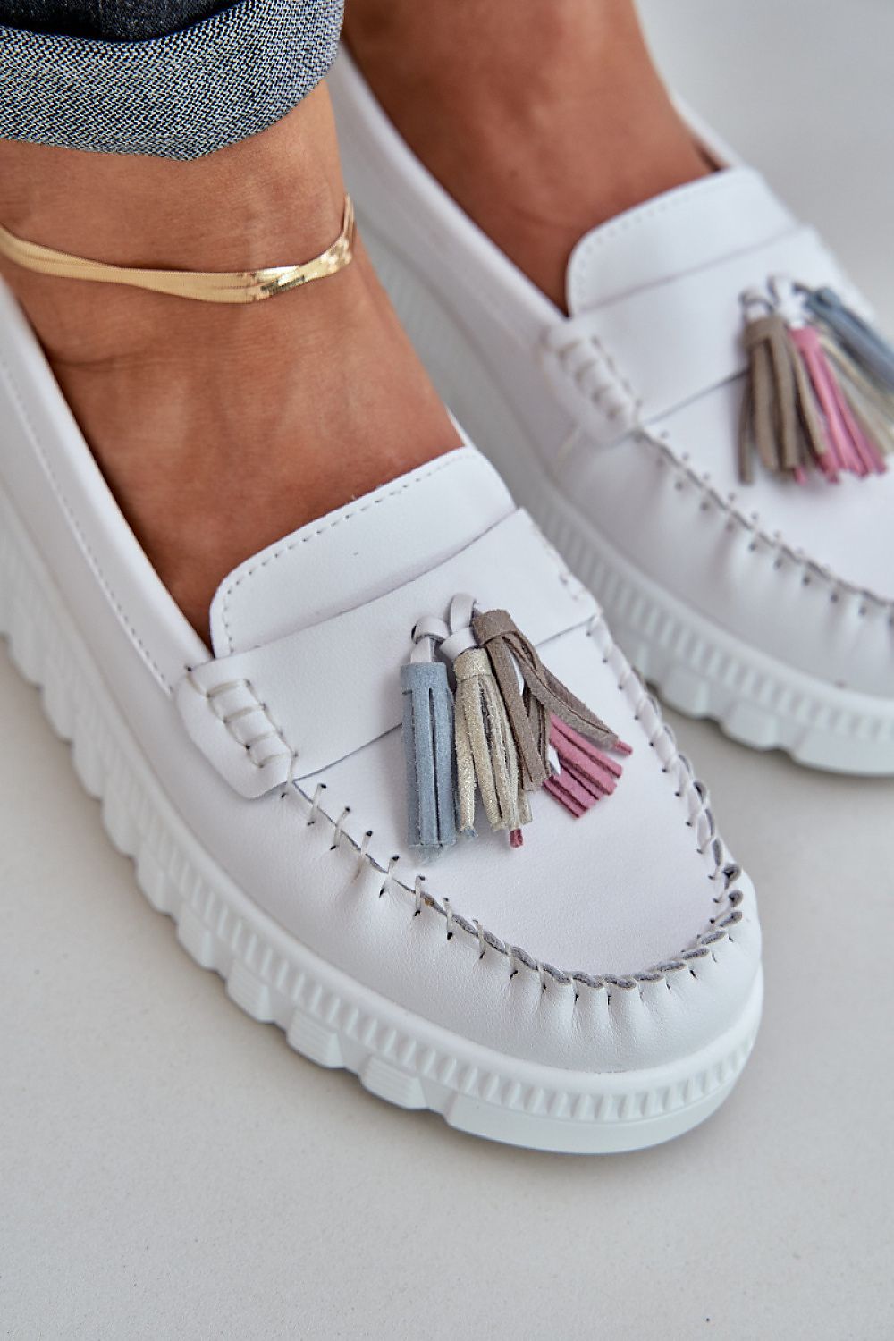 Luxury Women's Natural Leather Moccasins with Wedge Heel by Step in Style, featuring colorful fringes and a soft comfort insole, available in EU sizes 36-41.