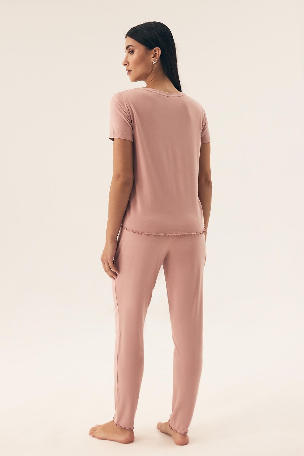 Close-up view of Henderson Women's Elegant Pajama Set highlighting the delicate frill detail on the long pants and the soft texture of the breathable fabric, perfect for a luxurious night's sleep.