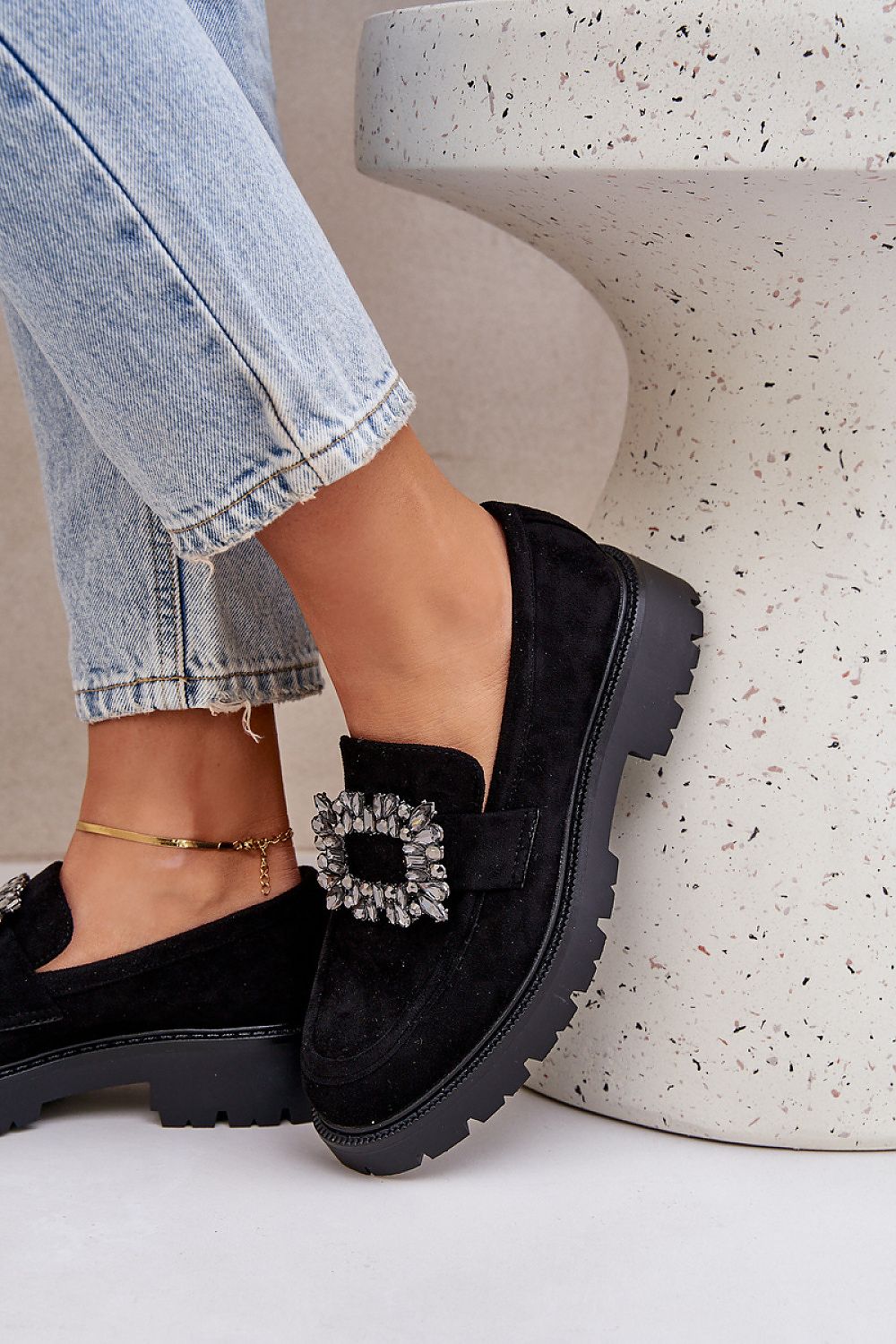 Elegant women's moccasins in eco-friendly suede, showcasing a chic brooch, available in sizes EU 36-41 from Step in Style.