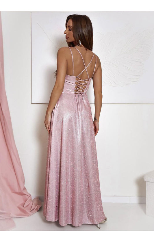 Close-up of the water neckline and thin straps of the With You elegant long dress, highlighting its luxurious shiny fabric and braided tie detail.