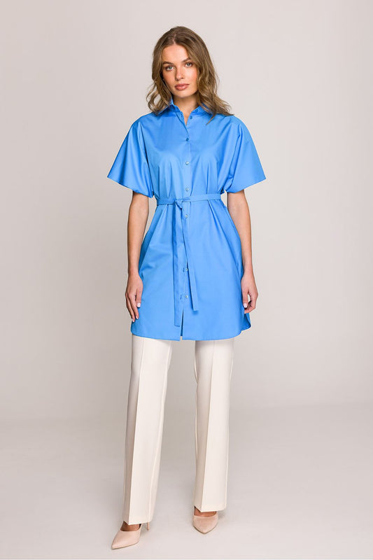 Close-up of the luxurious belt detail on the Stylove cotton tunic shirt, showcasing versatility in styling options.