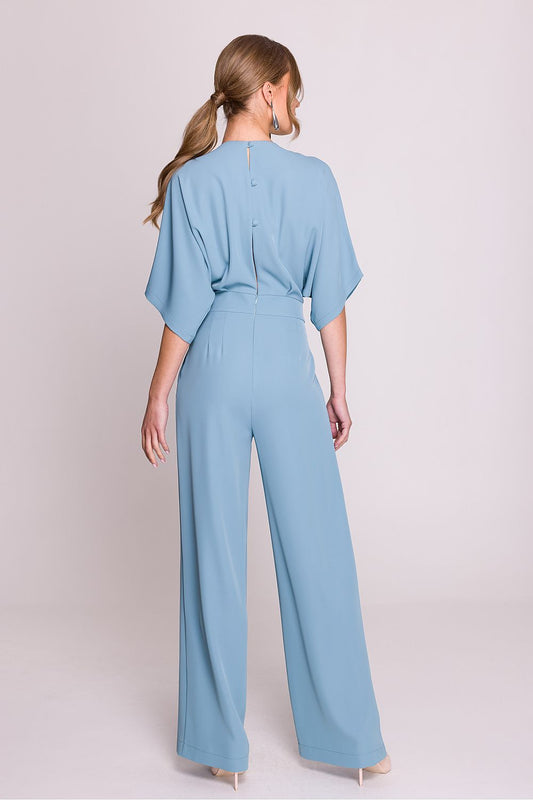 Elegant women's jumpsuit from Stylove featuring a wrap top, V-neckline and short sleeves, perfect for sophisticated occasions.