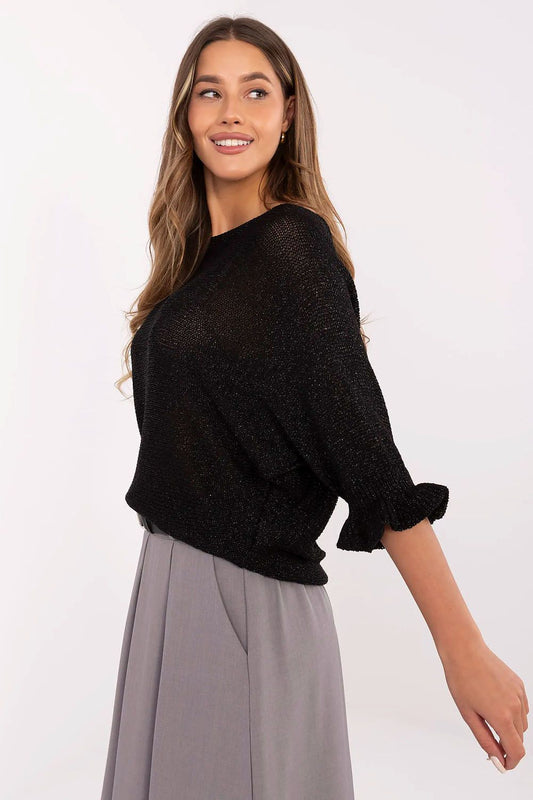 Close-up view of Italy Moda's elegant women's sweater showcasing the luxurious metallic yarn and delicate frill detailing on the 3/4 sleeves.