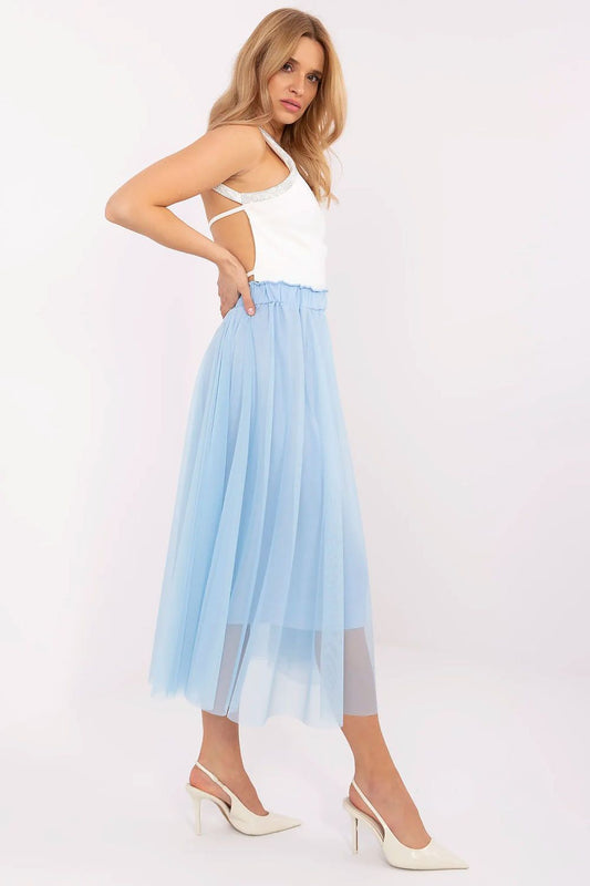 Elegant Tulle Midi Skirt by Italy Moda in delicate layers, perfect for casual and party wear, showcasing a luxurious design and comfortable waistband.