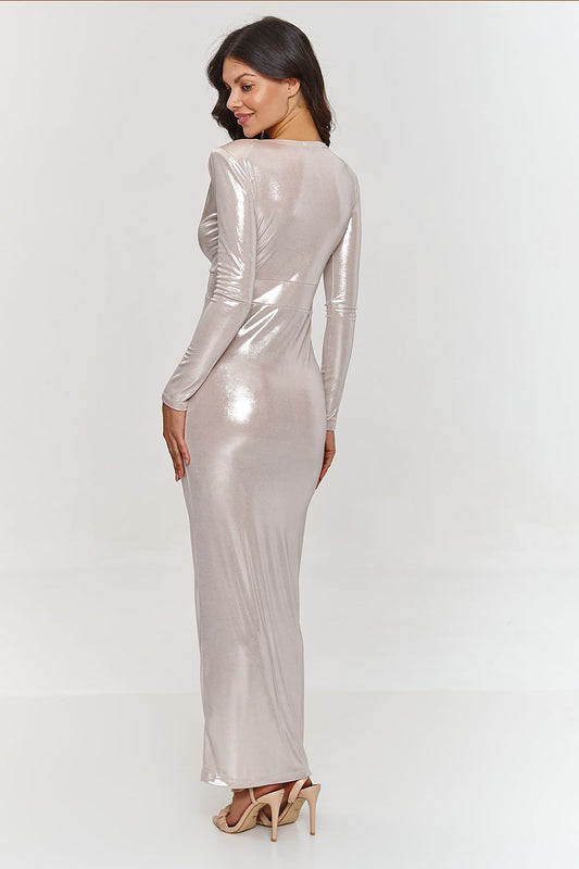 Stylish metallic maxi dress from Makadamia with a fitted silhouette, showcasing a draped sweetheart neckline and sophisticated side slit.