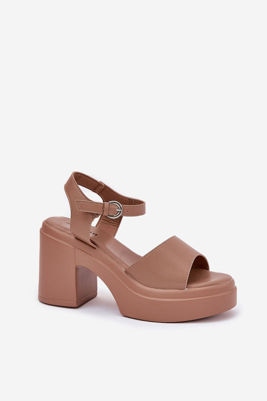 Close-up of Step in Style women's heel sandals, showcasing the 9.5cm column heel and intricate buckle detail for a chic look.