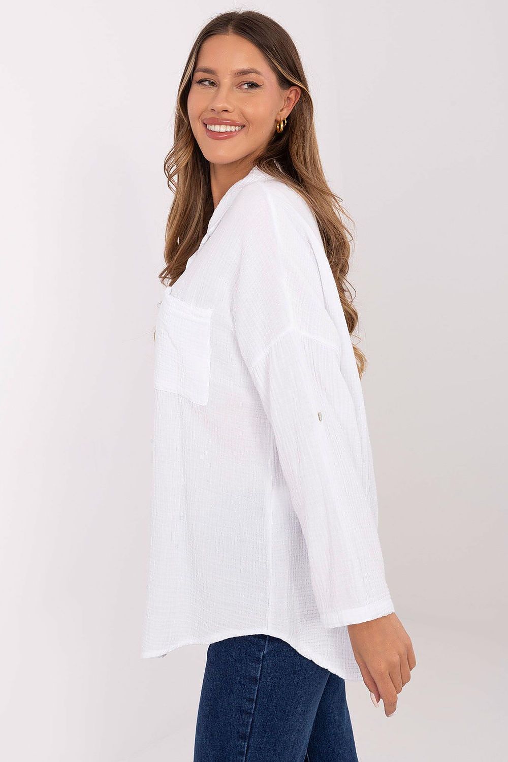 Sophisticated Italy Moda women's casually designed muslin shirt, featuring enchanting details and breathable material, perfect for effortless elegance.