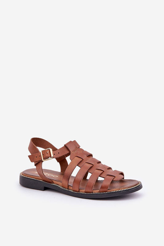 Side view of natural leather sandals by Step in Style with an intricate woven design and adjustable buckle, perfect for summer elegance.