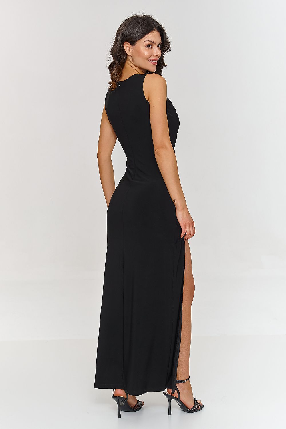 Sophisticated back view of the elegant maxi cocktail dress with deep slit by Makadamia, showcasing its sleek design and timeless silhouette, perfect for formal occasions.