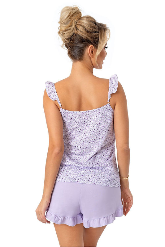 Back view of Donna's luxury women's cotton pajama set showcasing the elegant design with ruffled straps and a flattering fit ideal for a stylish evening at home.
