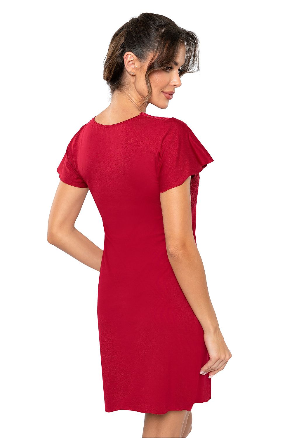 Back view of a luxurious red lace-trimmed nightshirt by Donna, designed for both comfort and style, perfect for an elegant nighttime look.