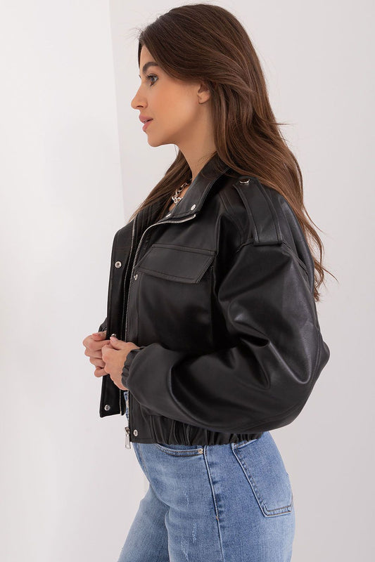 Chic luxury women's eco-leather jacket by NM, featuring a flattering short cut and long sleeves for transitional seasons.