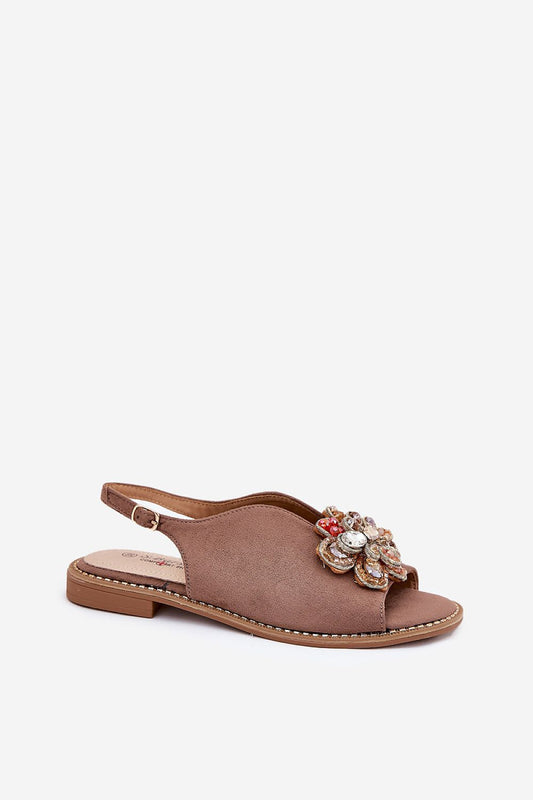 Elegant women's sandals with flat heel, crafted in eco suede, adorned with a charming flower decoration, adjustable strap by Step in style.