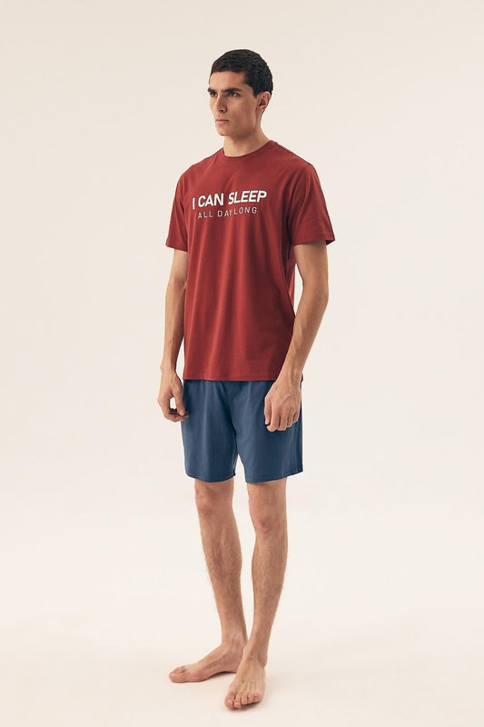 Elegant Henderson men's cotton pajamas showcasing a trendy print on the t-shirt, designed for comfort and relaxation at home.