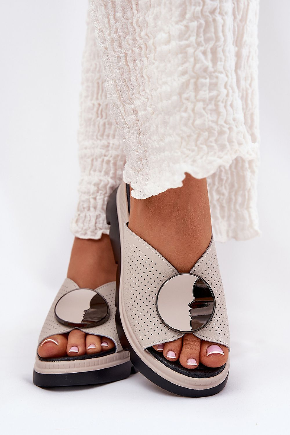 S.Barski Women's Elegant Leather Wedge Sandals on a stylish surface, highlighting the beautiful wedge heel and platform design.