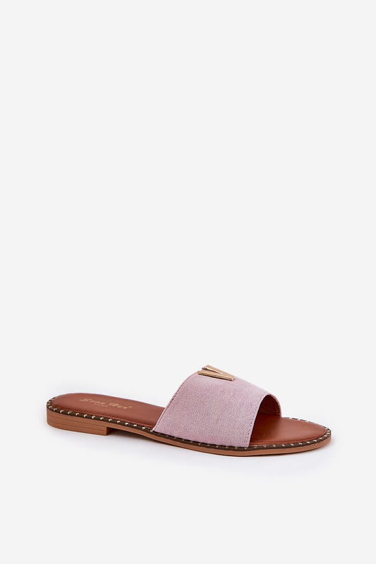 Close-up of stylish eco-suede flat-heeled sandals for women by Step in Style, adorned with decorative details for a sophisticated look.