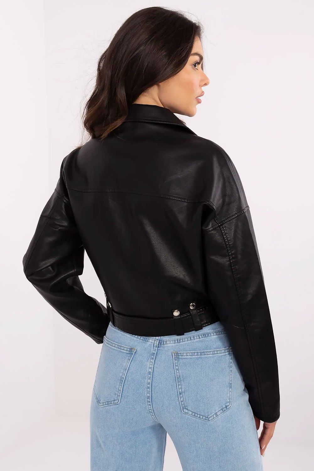 Elegant women's faux leather outerwear by MBM in sizes S to XXL, showcasing a flattering silhouette with a waist belt, perfect for casual and chic outfits.