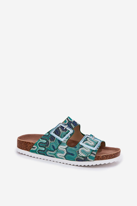 Stylish women's textile flip-flops featuring a cork base and decorative sequin straps by Step in Style, perfect for summer outfits.