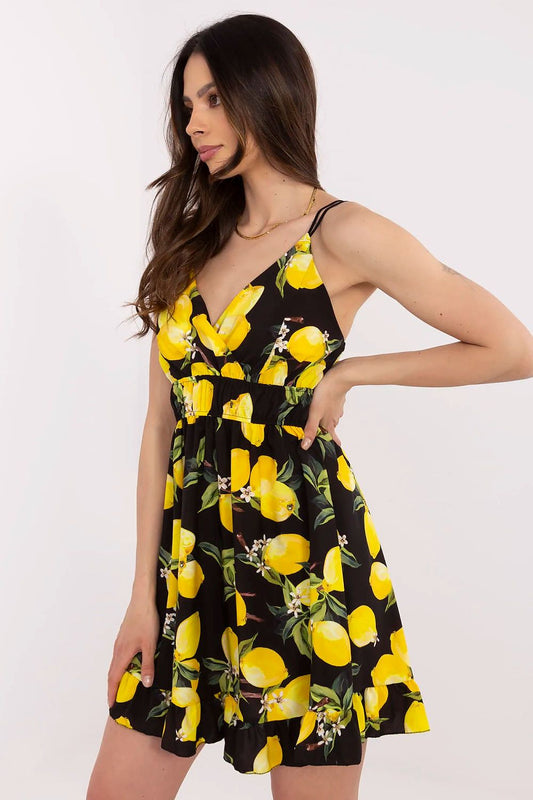 Charming lemon print flared mini daydress from Italy Moda, showcasing feminine elegance and summer style, perfect for warm days.