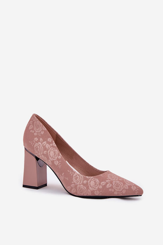 Close-up of the stylish pointed toe design of Step in style's elegant block heel pumps, showcasing high-quality eco leather and rose embossing for a romantic touch.