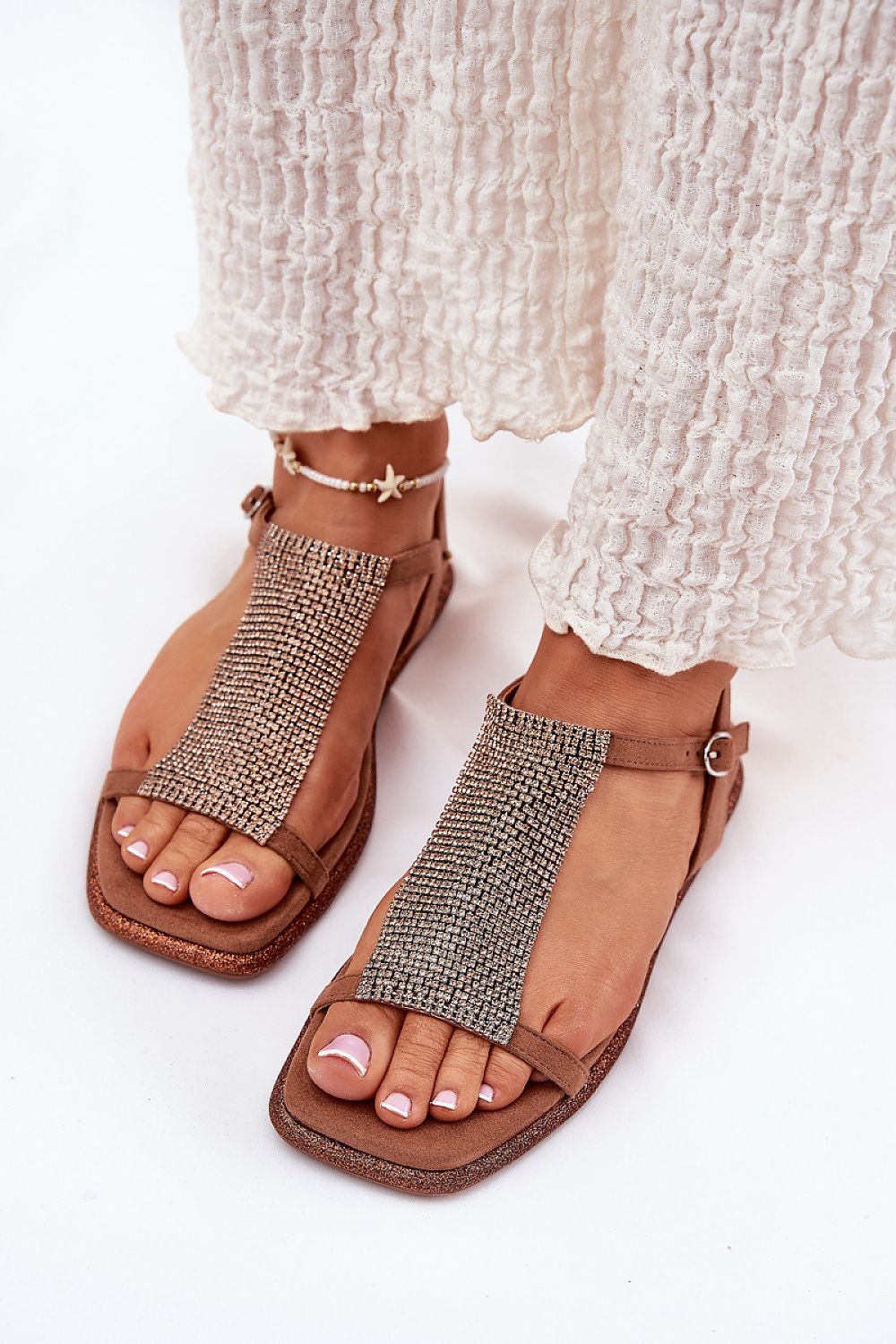 Luxury eco-leather flat sandals featuring sparkling crystal embellishments by Step in Style, designed for a sophisticated look at ceremonies and evening outings, available in European sizes 36-41.