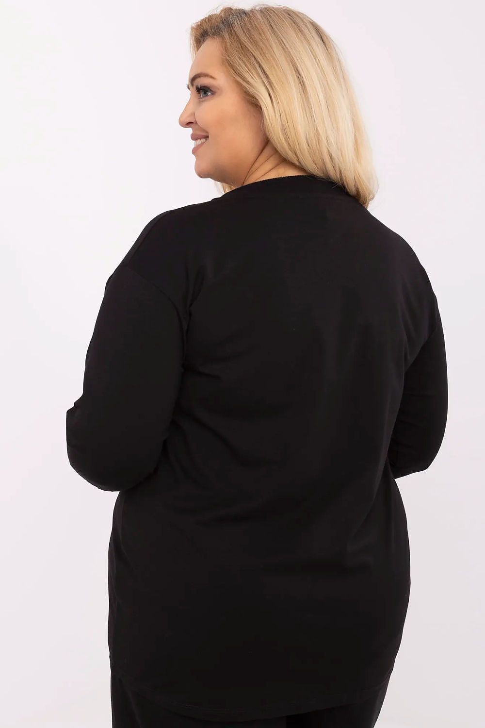 Detail shot of Relevance's elegant blouse, showcasing delicate jet stone embellishments and comfortable design for plus size women.
