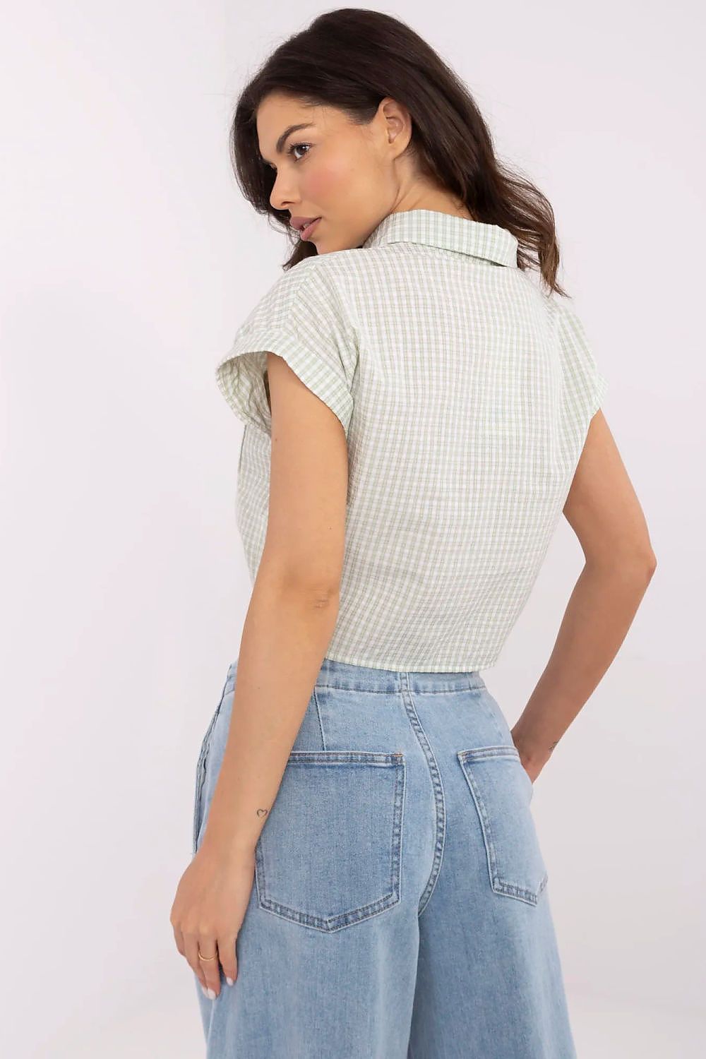 Elegant checkered short sleeve cotton blend shirt for women designed by NM, showcasing a stylish design with a classic collar, button fastening, and a youthful decorative tie, perfect for chic casual outfits.