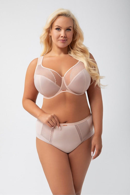Close-up view of the luxurious Gorsenia soft comfort bra, showcasing the delicate lace and adjustable straps for ultimate comfort and style in larger sizes.