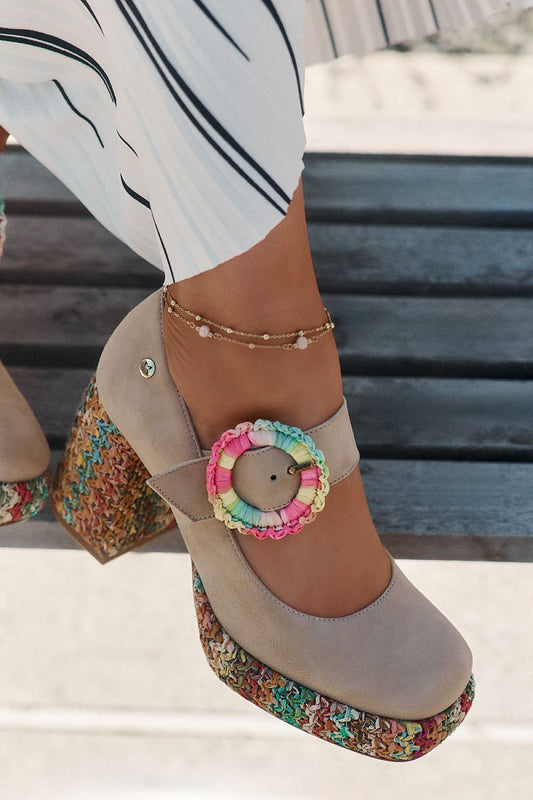 Close-up of the luxurious suede texture of women's block heel pumps from Step in Style, showcasing the decorative braid and stylish adjustable strap.