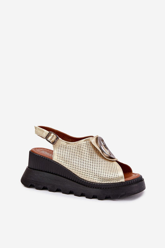 Close-up of Step in Style's women's wedge sandals in natural leather, featuring exquisite front decoration and an 8cm heel, perfect for elegant summer occasions.