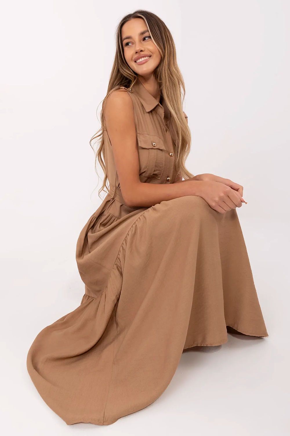 Stylish and comfortable flared sleeveless maxi dress by Italy Moda, featuring a classic collar, button closure, and a feminine ruffle hem, perfect for versatile everyday styling.