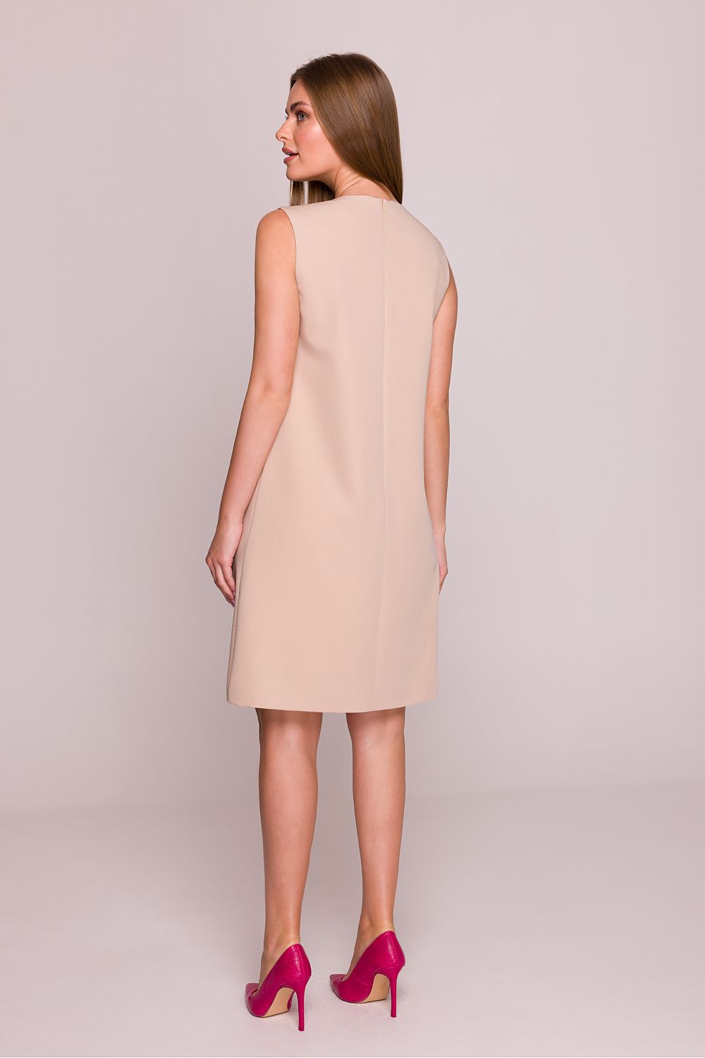 Stylove Elegant Satin Finish Daydress displayed in a flattering above-the-knee length, crafted from smooth stretchy fabric featuring a subtle sheen and hidden zipper for a minimalist elegance.