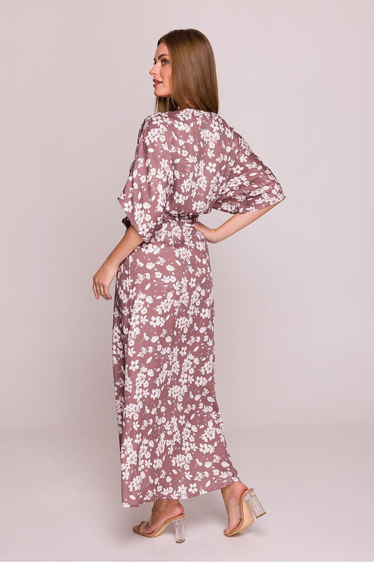 Stylish V-neck floral viscose dress by Stylove, featuring lightweight fabric and elbow-length sleeves, ideal for a luxurious summer look.