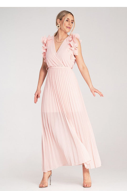 Close-up view of the Figl maxi dress demonstrating the fabric texture and design elements, featuring long pleats and an exquisite semi-transparent finish.