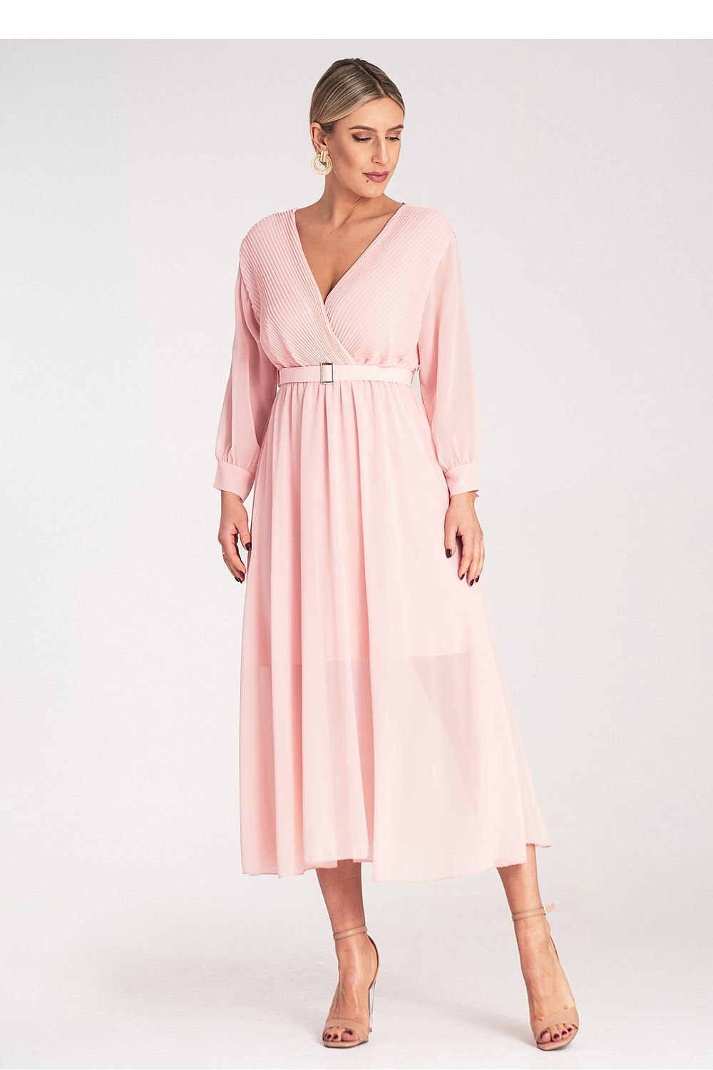 Elegant Figl maxi dress featuring a pleated wrap neckline, long sleeves, and a belted waist, perfect for luxe evening wear.