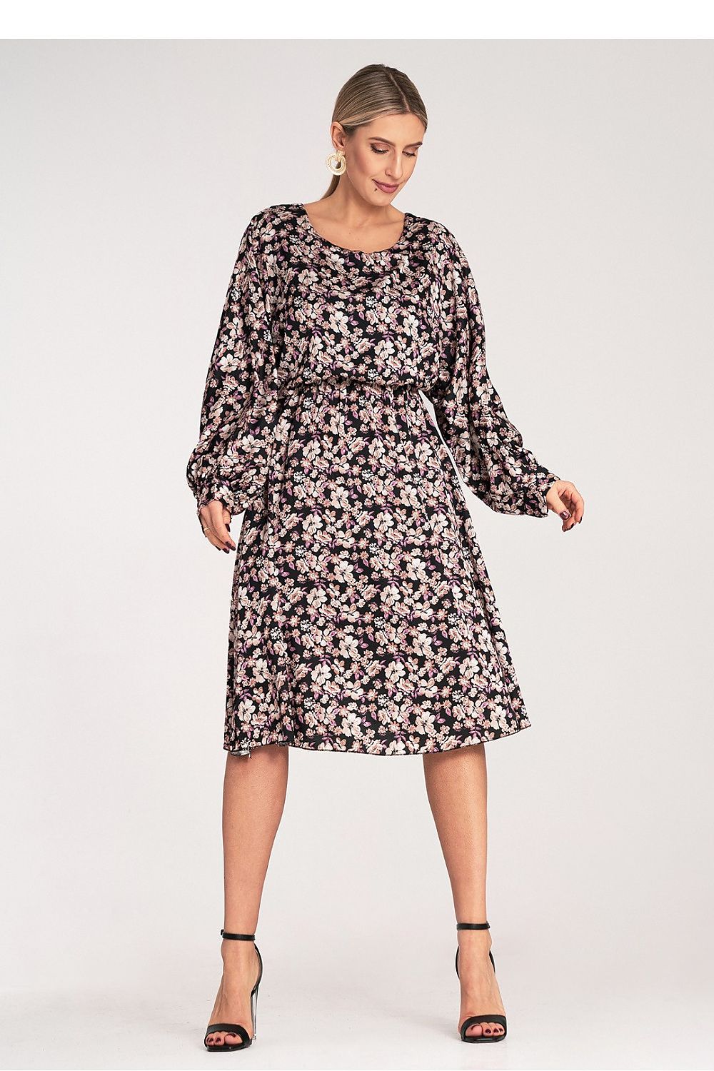 Elegant Floral Midi Dress by Figl on a model, demonstrating the stylish fit and flattering silhouette, ideal for upscale gatherings.