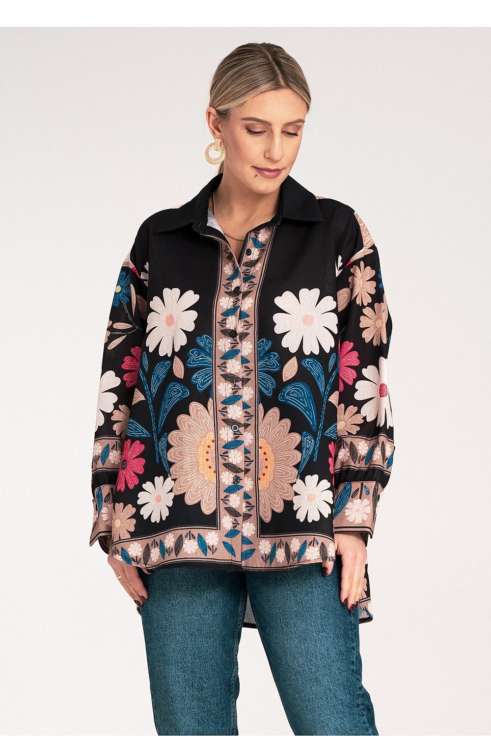 Luxury Figl oversized long sleeve floral pattern shirt in vibrant colours, crafted from lightweight polyester, perfect for a stylish casual look in EU S/M and US S/M sizes.