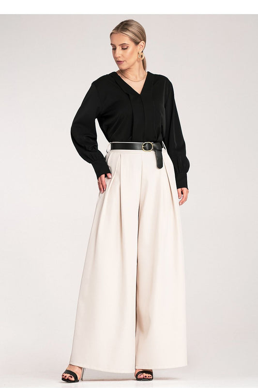 Elegant high-waisted palazzo trousers for women by Figl, featuring a stylish black belt and wide legs, perfect for a chic outfit.