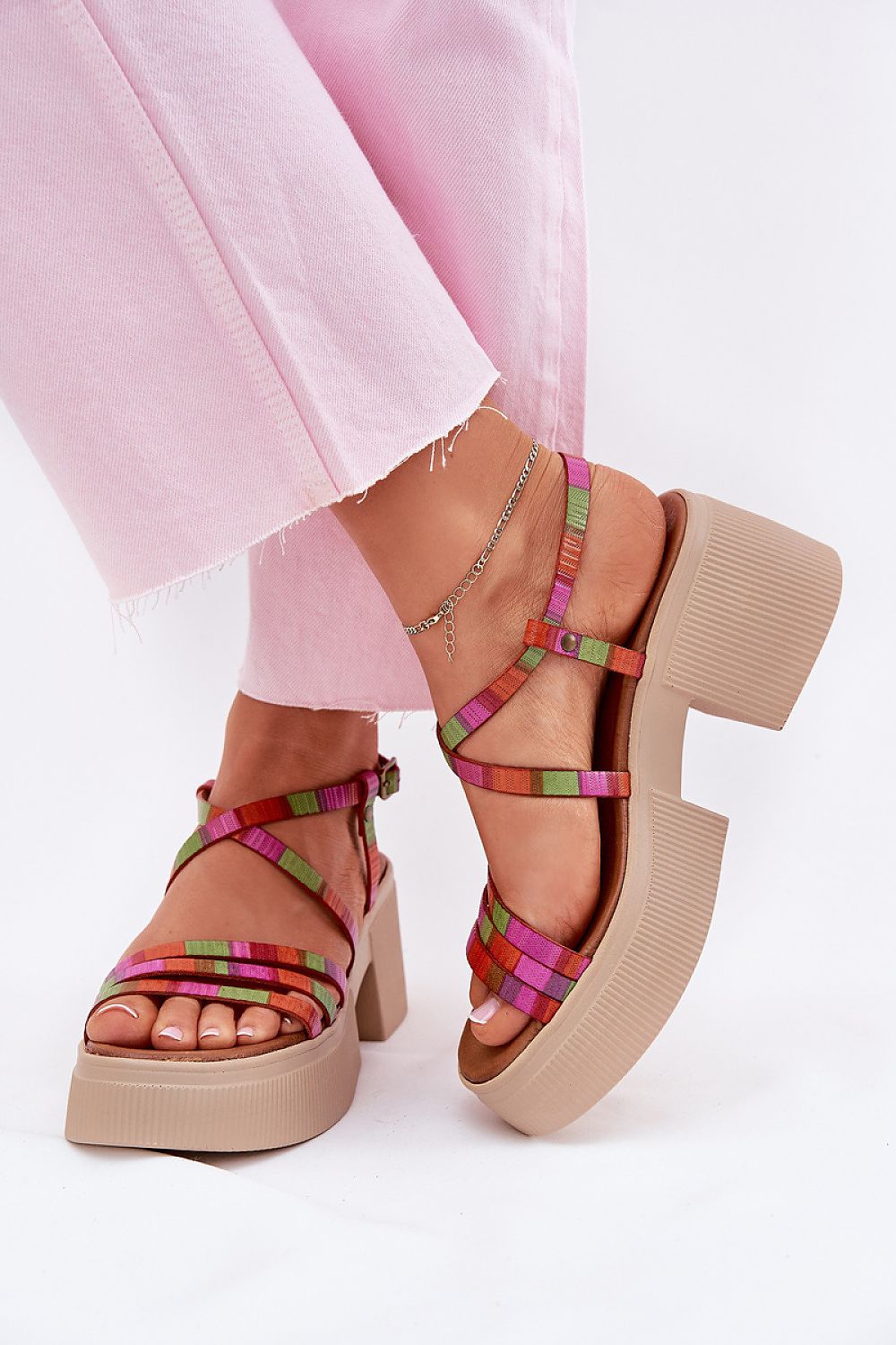 Close-up view of Step in Style's elegant women's natural leather sandals, highlighting the luxurious material and sophisticated buckle fastening.