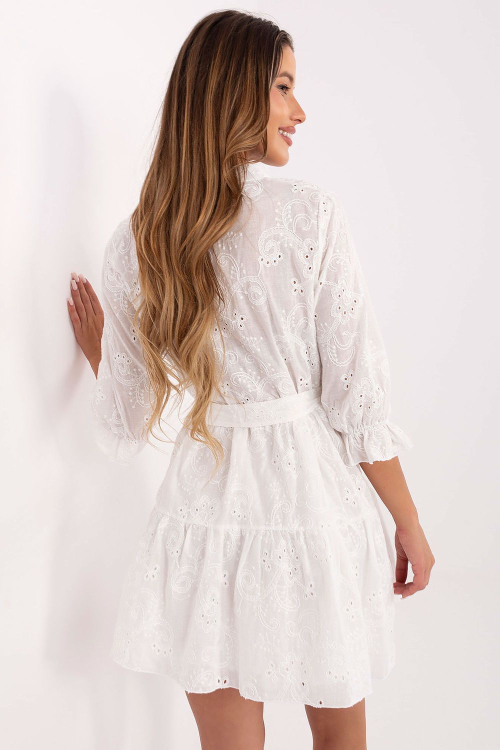 Sophisticated 3/4 sleeve Boho mini dress designed by Lakerta, showcasing ruffled elastic cuffs and a classic stand-up collar, ideal for casual and formal wear.